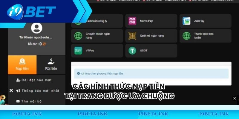 Các hình thức nạp tiền tại trang được ưa chuộng